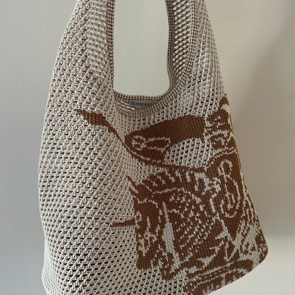 Burberry White & Tan Large EKD Crochet Tote